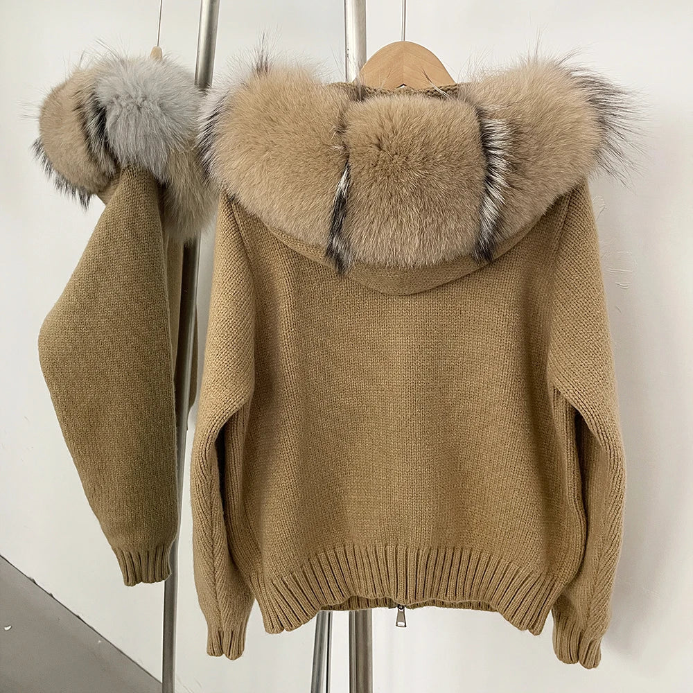 Real Fox Fur Hooded Sweater – Loose Knit Zipper Cardigan