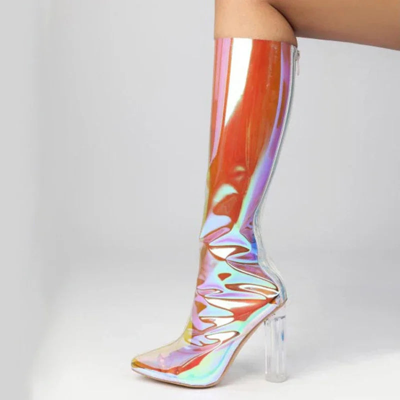 Sexy Pointed Crystal Transparent Knee-High Boots