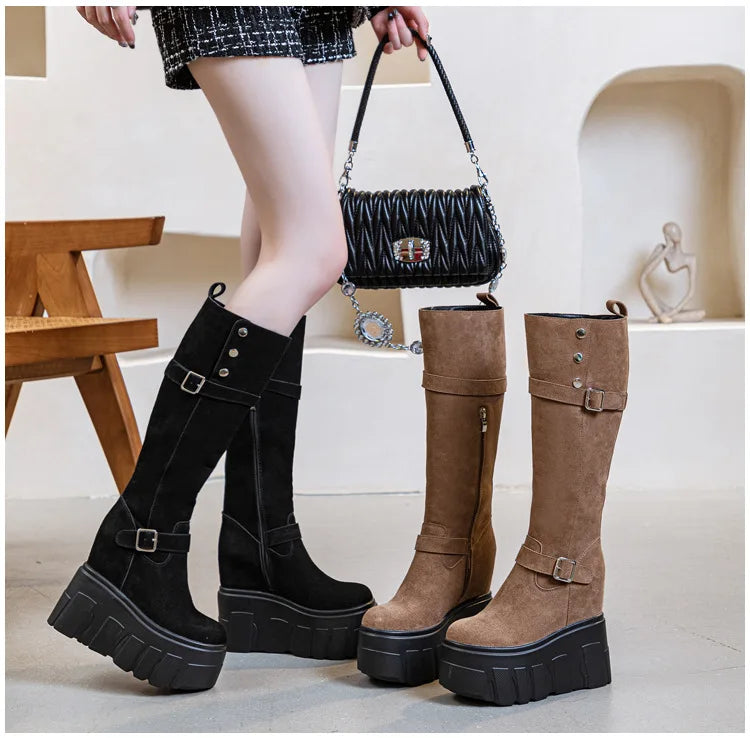 Motorcycle Boots – Microfiber & Synthetic Leather Platform Wedges, Spring/Autumn