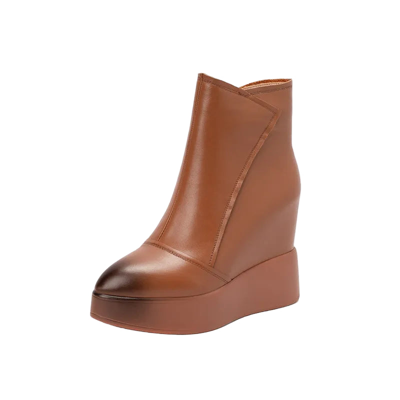 Brown wedge ankle boot on a white background with 'MKKHOU' branding.