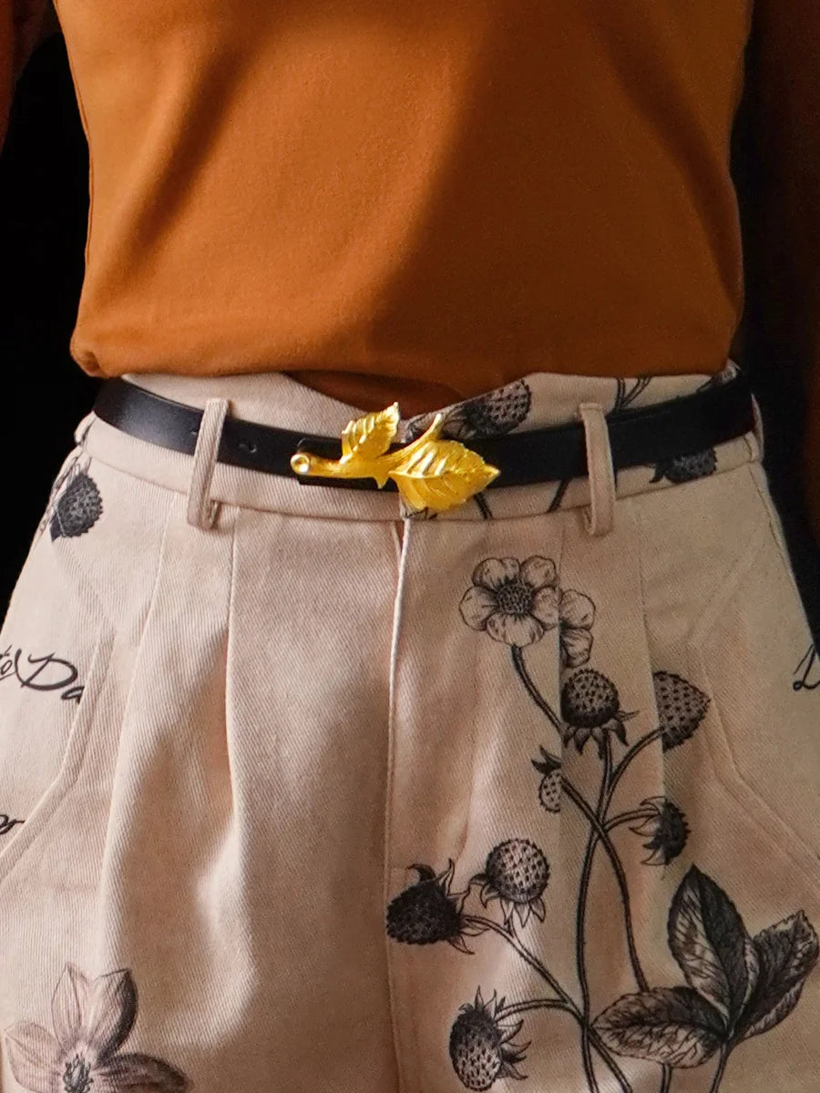 Four Seasons Women’s Original Design Leather Belt – Metal Alloy Leaves Series