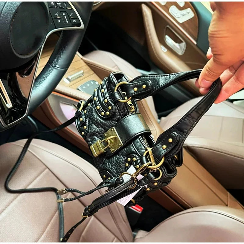 Y2K Motorcycle Handbag – Retro Leopard Print Distressed PU Leather Bag for Women