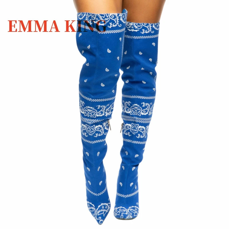 Thigh-High Bandana Print Boots – Sexy Pointed Toe Stiletto Heels