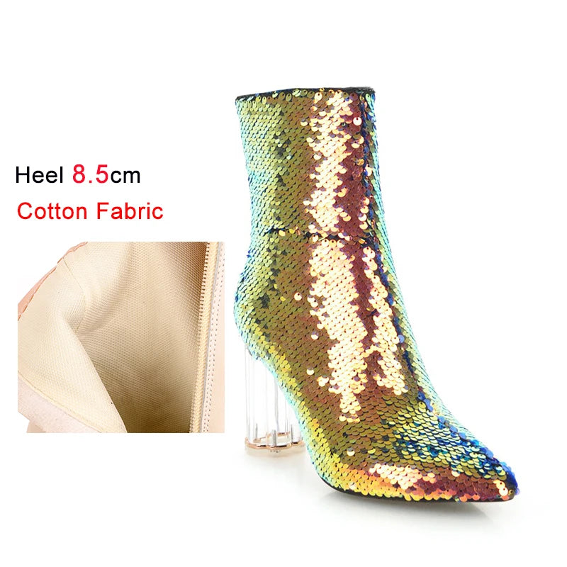 Sequined Short Boots – Women’s Bling Chunk Heel Pointed Toe Ankle Booties