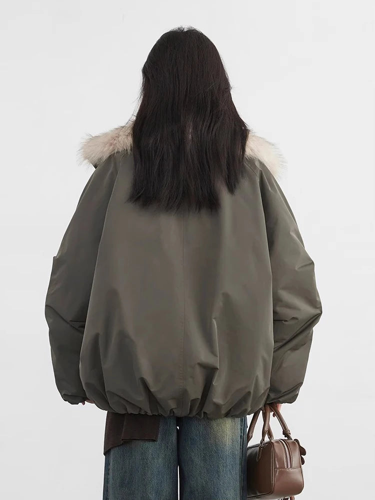 Korean Women’s Down Coat – Loose Hooded Jacket with Faux Fur Collar, 90% White Duck Down, Autumn/Winter 2025