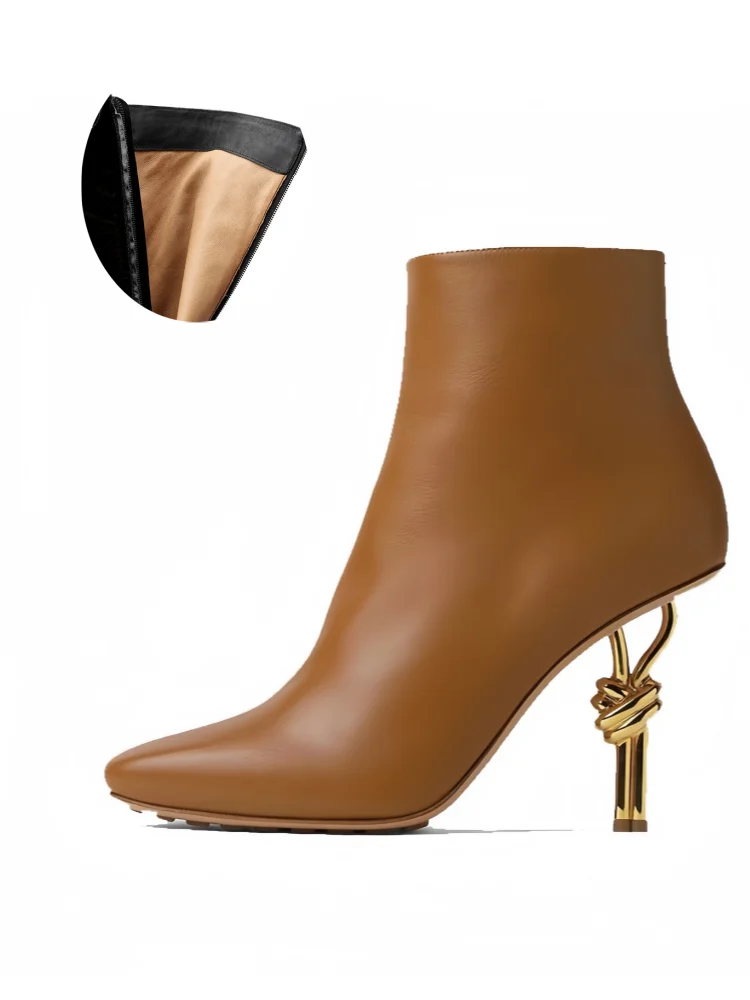 Thermal Square Toe Ankle Boots – Metal Knot Heel Stiletto Boots for Women