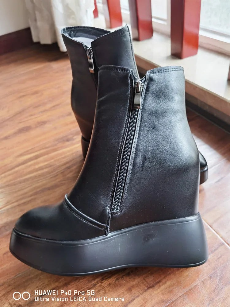 MKKHOU Genuine Leather Pointed Toe Wedge Boots