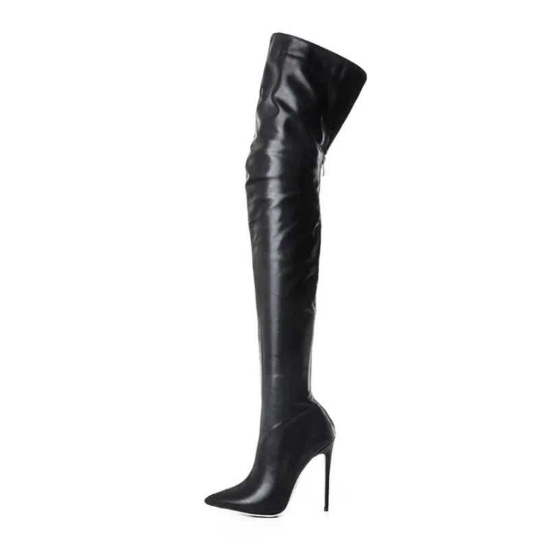 Over-the-Knee Thigh High Boots – Stretch PU Leather High Heel Winter Shoes