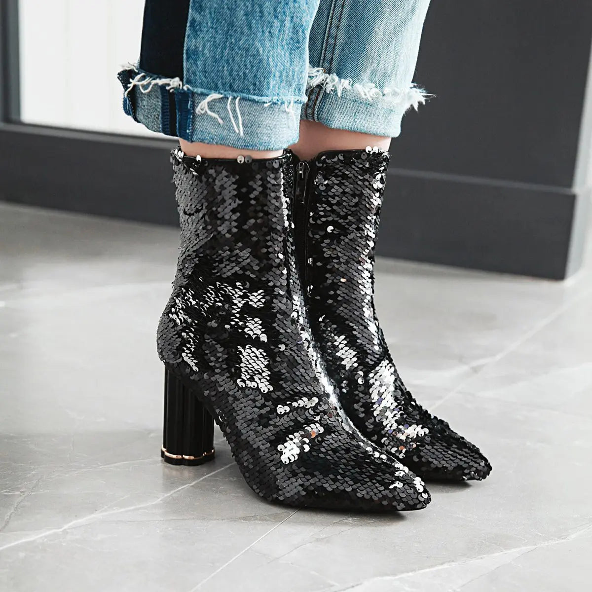 Sequined Short Boots – Women’s Bling Chunk Heel Pointed Toe Ankle Booties