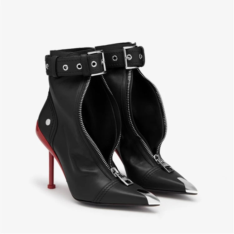 Pointed Ankle Boots – Belt Buckle & Front Zipper,