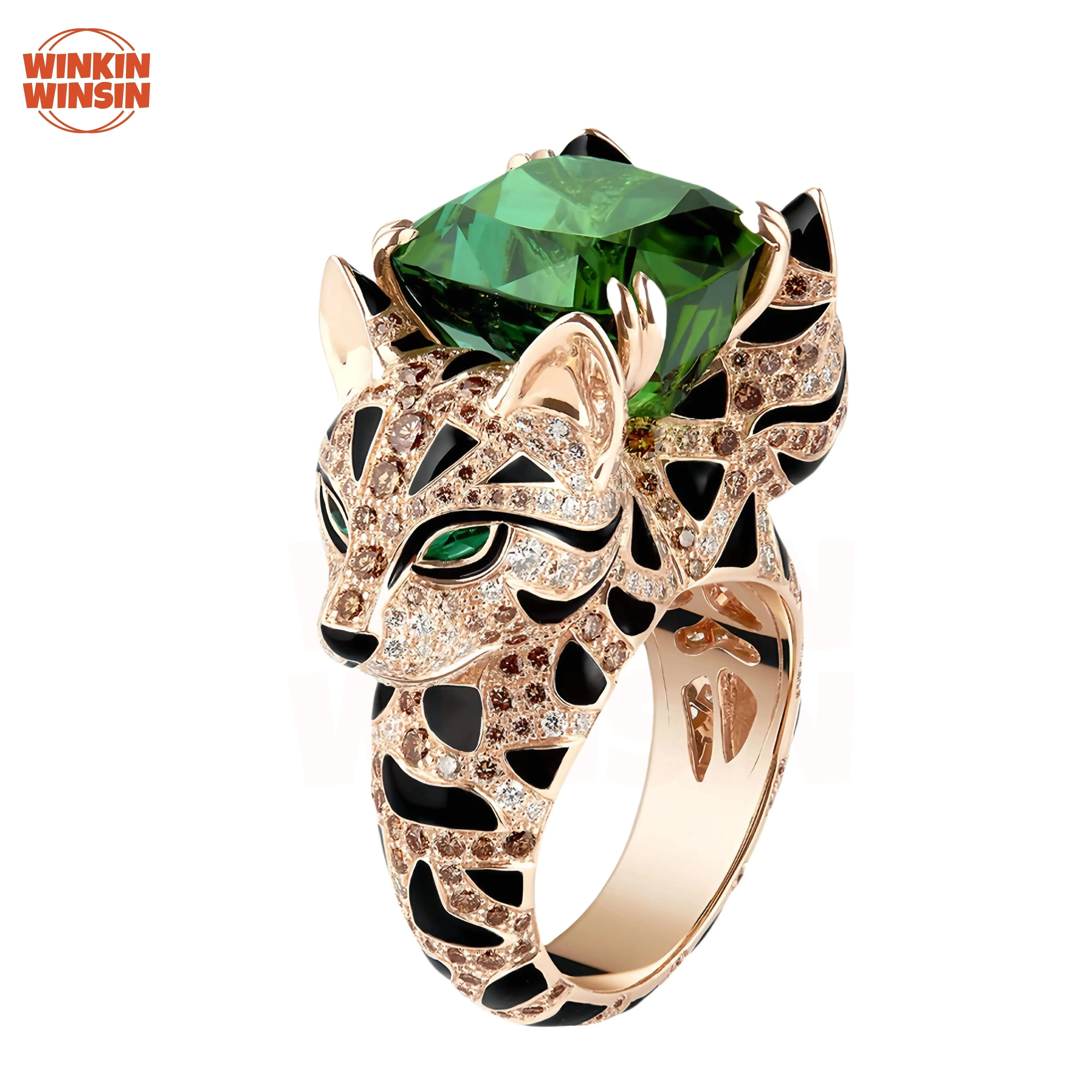 Emerald Gemstone 925 Sterling Silver Women’s Ring – Diamond Leopard Design