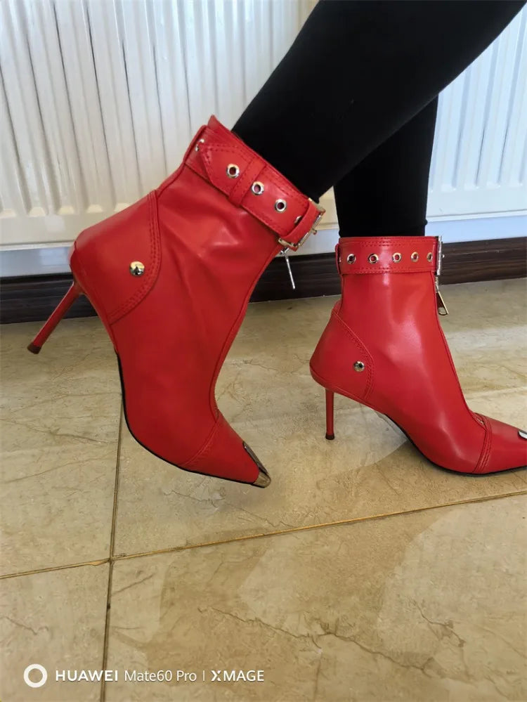Pointed Ankle Boots – Belt Buckle & Front Zipper,