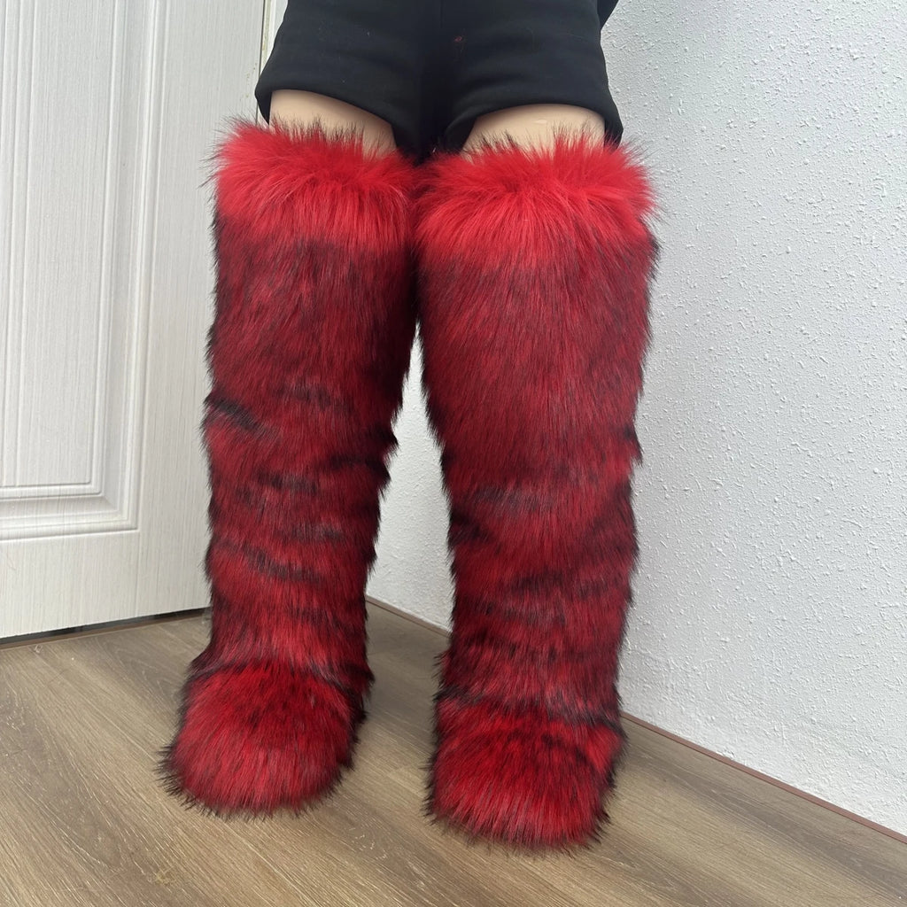Faux Mongolian Thigh-High Boots Winter Warm Faux Fur Flat Over-the-Knee