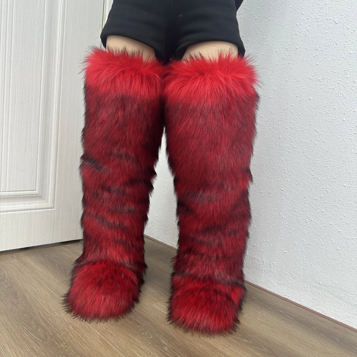 Faux Mongolian Thigh-High Boots Winter Warm Faux Fur Flat Over-the-Knee