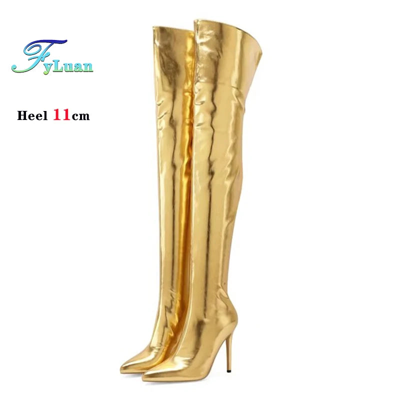 Fyluan Women’s Shiny Gold Over-the-Knee Boots – 11cm High Heels, Pointed Toe