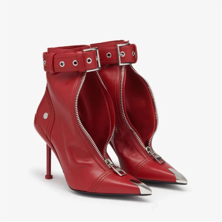 Pointed Ankle Boots – Belt Buckle & Front Zipper,