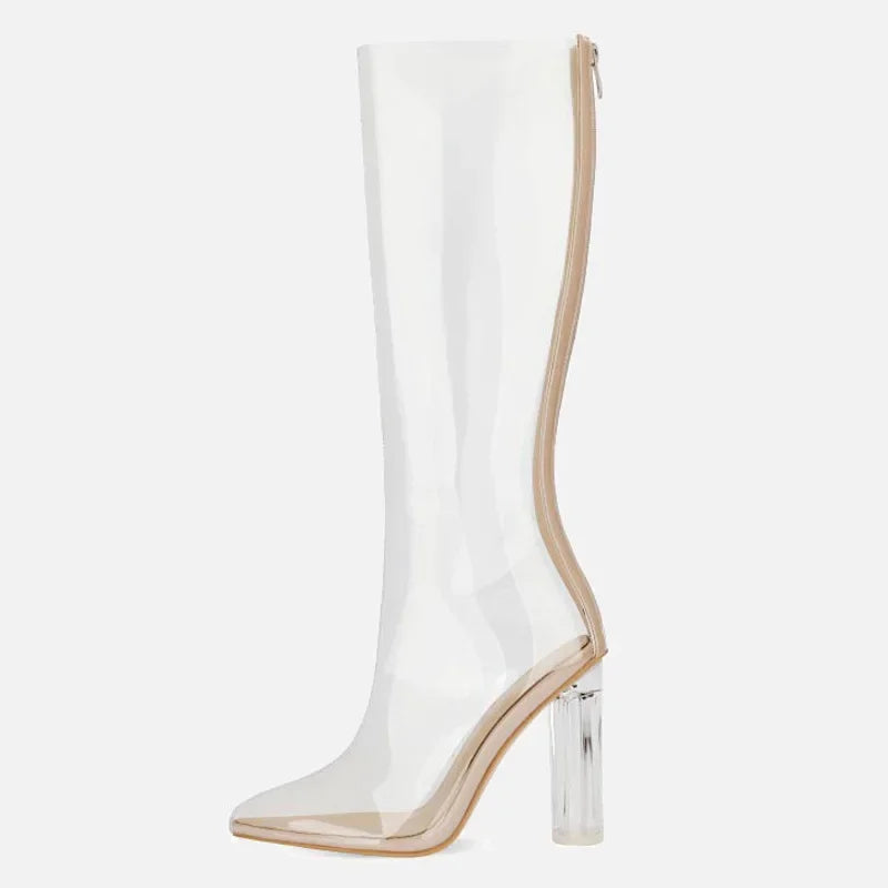 Sexy Pointed Crystal Transparent Knee-High Boots