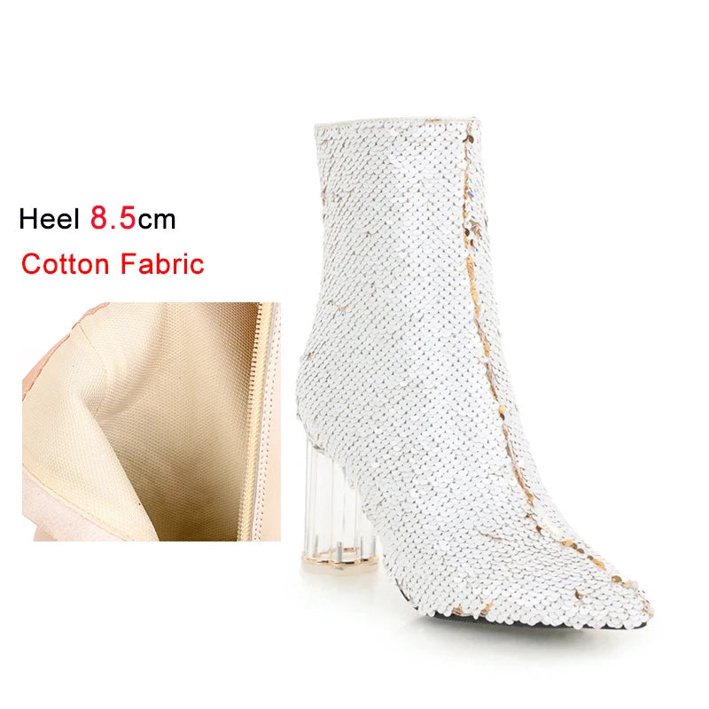 Sequined Short Boots – Women’s Bling Chunk Heel Pointed Toe Ankle Booties