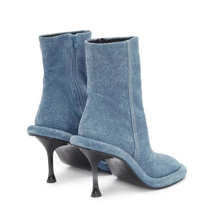 SLSHLYJ Women’s Blue Denim Ankle Boots – High Heel Thick Sole