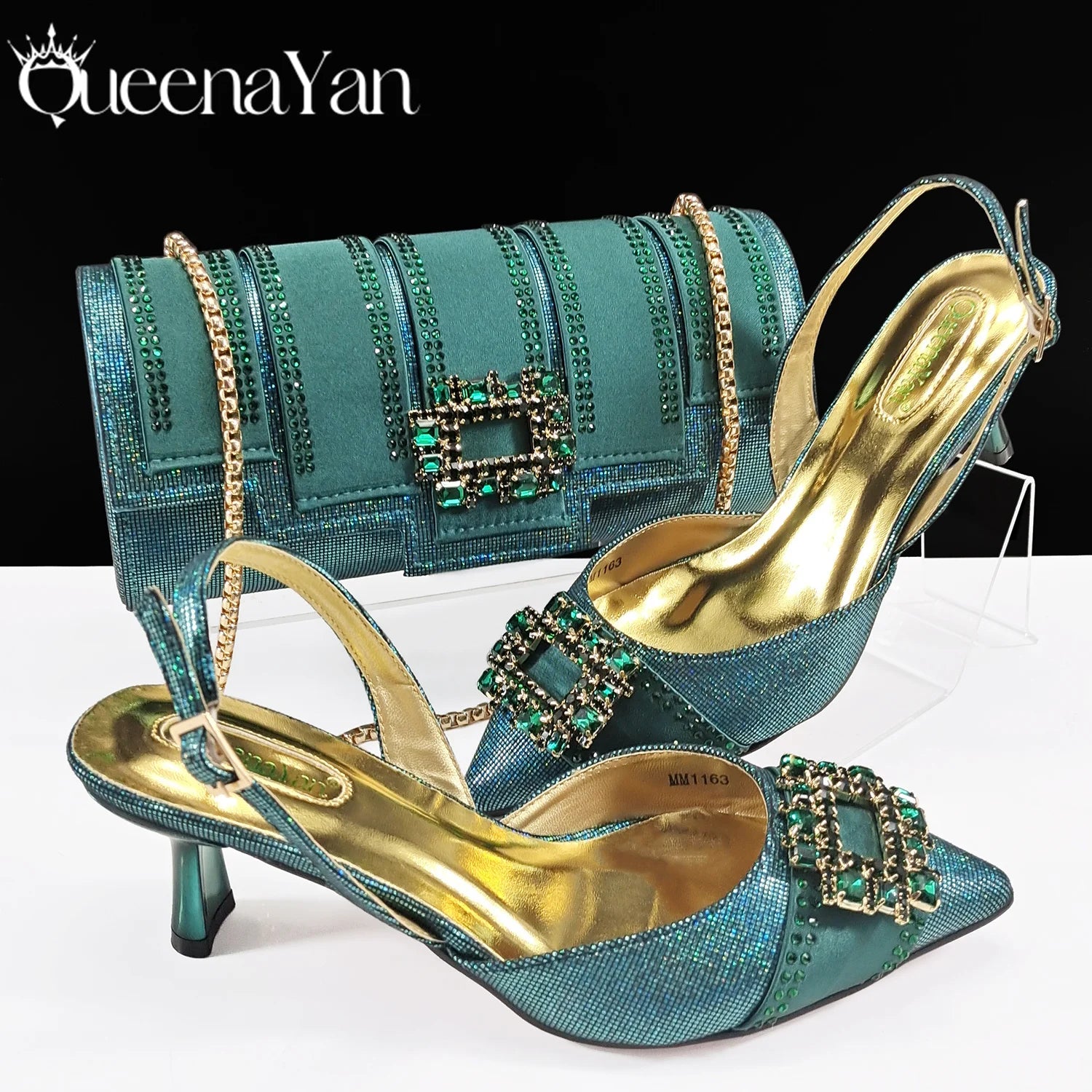 Marrakchi Block Heels & Rhinestone Bag Set – Elegant Party Collection