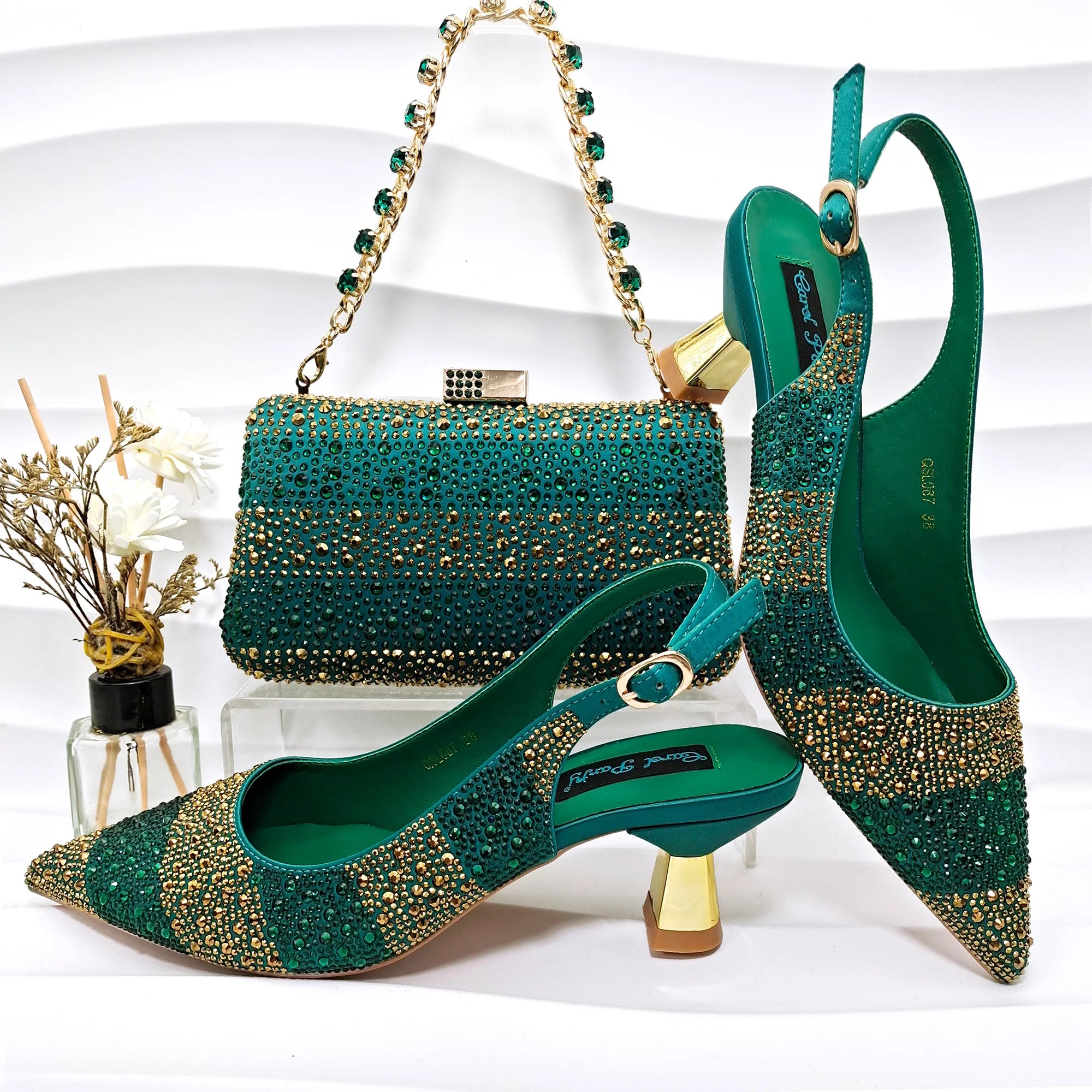 Rhinestone Satin Pumps & Clutch Set – Italian-Inspired Elegance