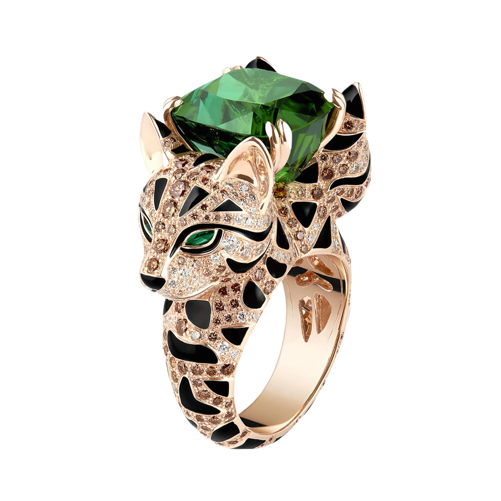 Emerald Gemstone 925 Sterling Silver Women’s Ring – Diamond Leopard Design