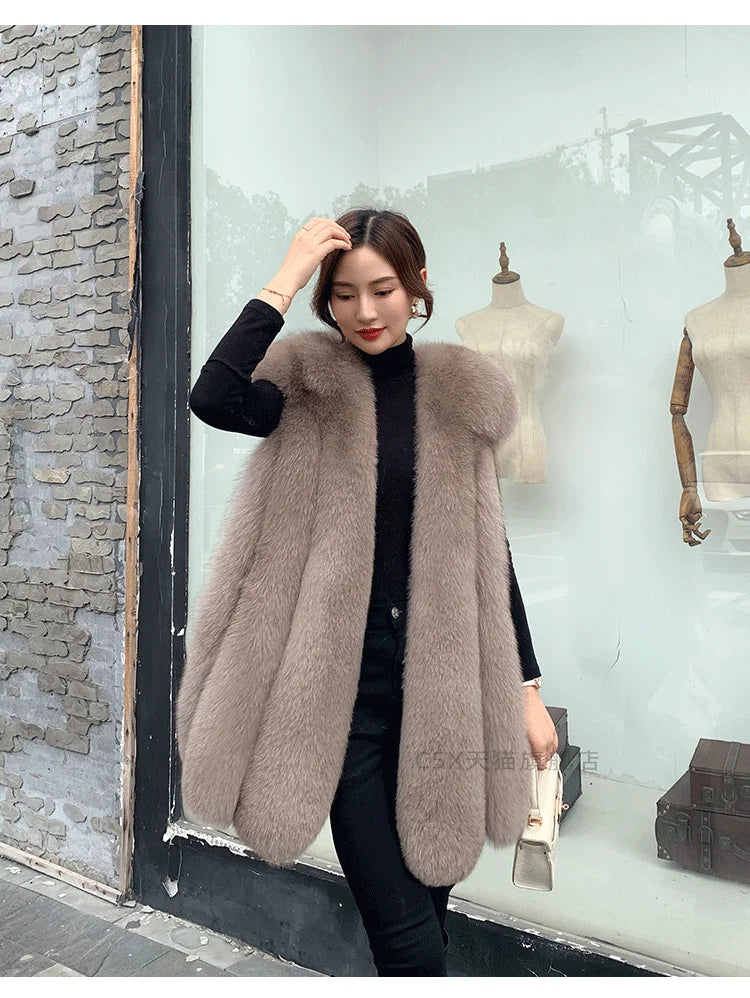 Fox Fur Vest for Women – Luxury Thick Real Fur Coat for Autumn/Winter