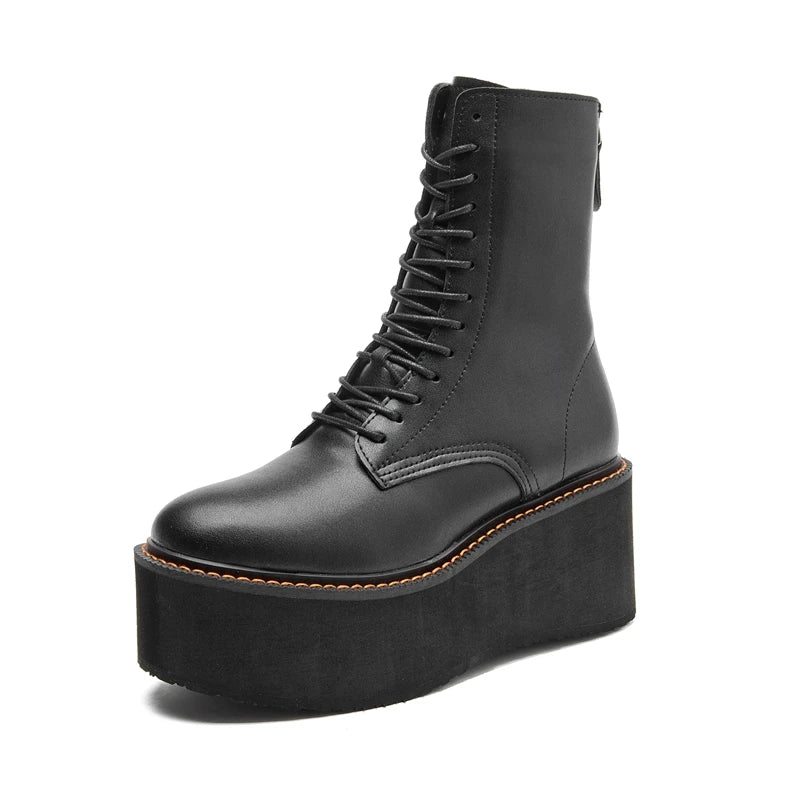 Women’s Genuine Leather Ankle Boots – Retro Lace-Up High-Heel Platform Short Boots