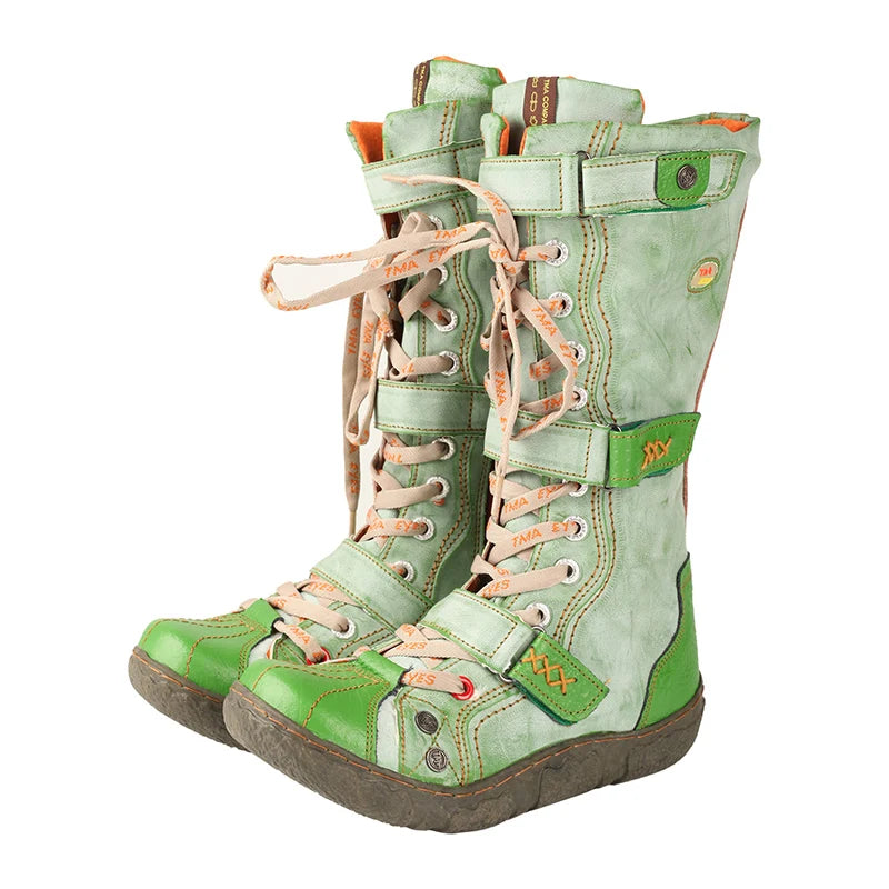 TMA EYES Washed PU Leather Flat Winter Boots – Warm Plush Lining, Mid-Calf