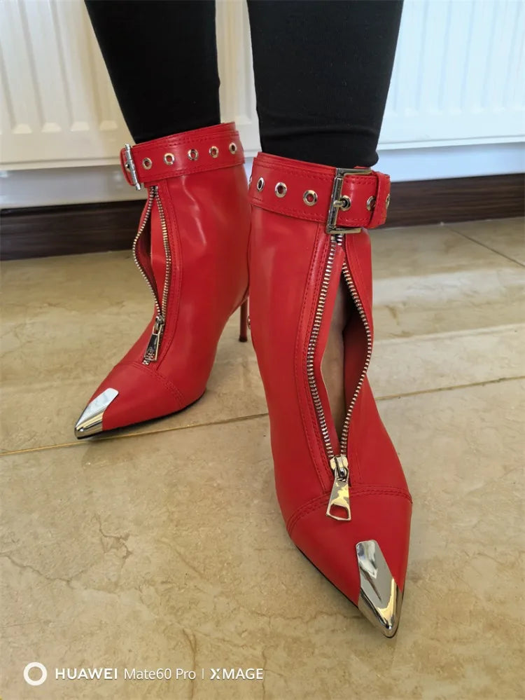 Pointed Ankle Boots – Belt Buckle & Front Zipper,