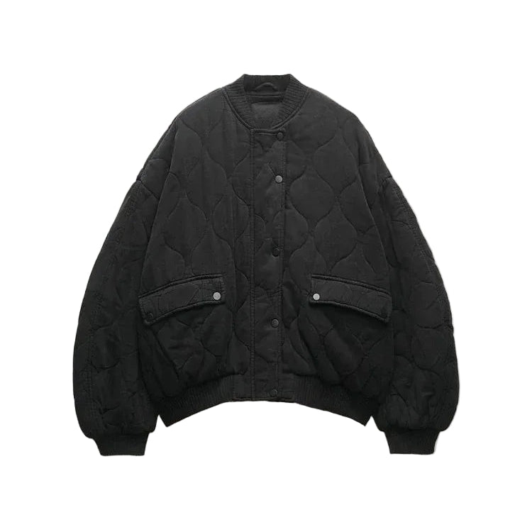 Black quilted jacket on a white background