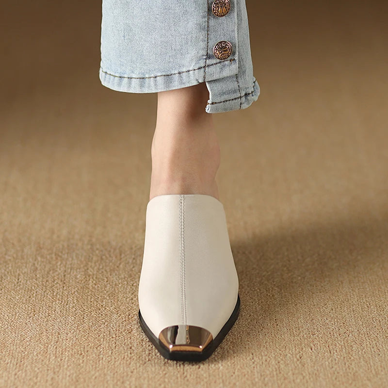 HOLY JASMINE Women’s Genuine Leather Metal-Head Mules – Summer Medium Wedge Heels