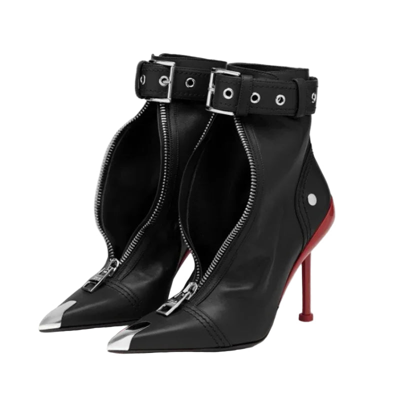 Pointed Ankle Boots – Belt Buckle & Front Zipper,