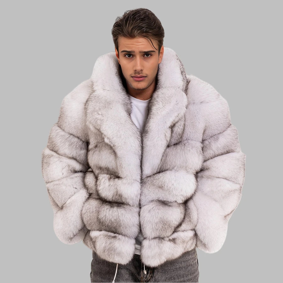 Man wearing a fur coat against a gray background