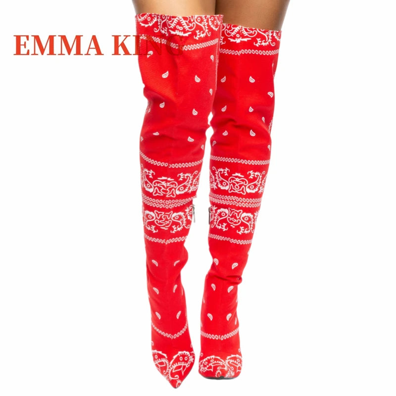Thigh-High Bandana Print Boots – Sexy Pointed Toe Stiletto Heels