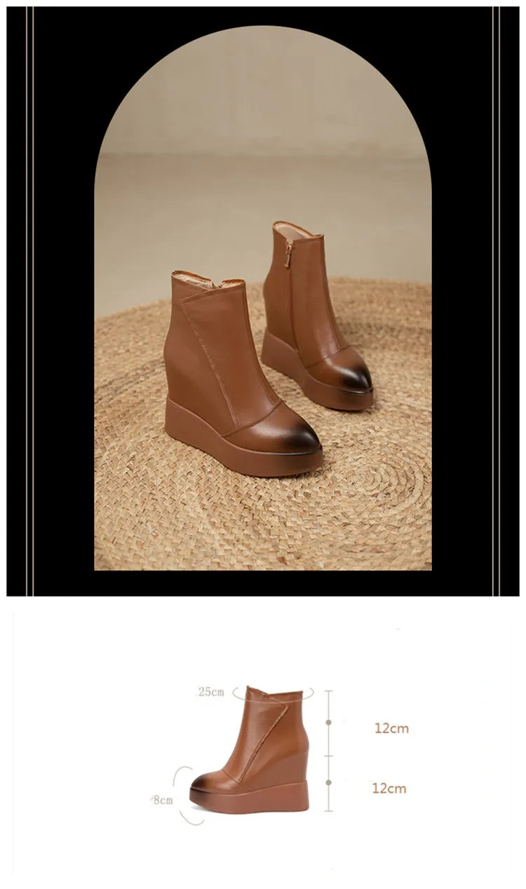 MKKHOU Genuine Leather Pointed Toe Wedge Boots