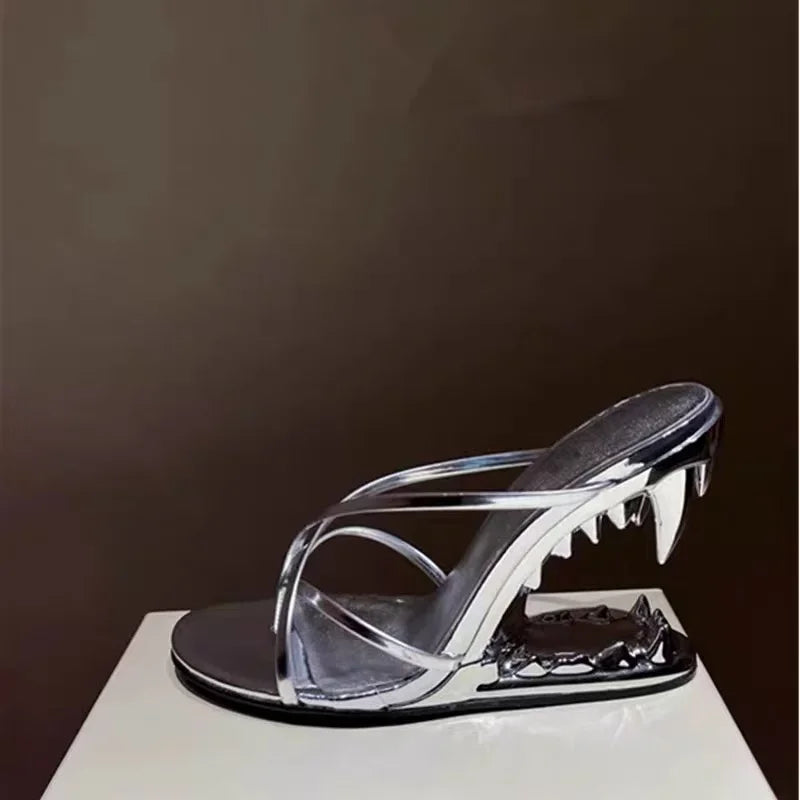 Teeth-Shaped Open-Toe Slippers with Unique Sloping Heel Design