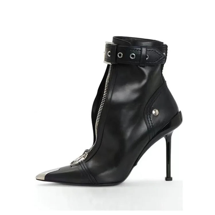 Pointed Ankle Boots – Belt Buckle & Front Zipper,
