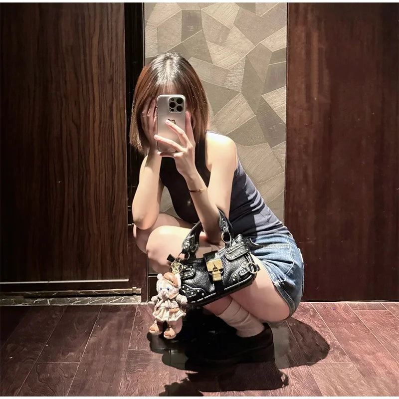 Y2K Motorcycle Handbag – Retro Leopard Print Distressed PU Leather Bag for Women