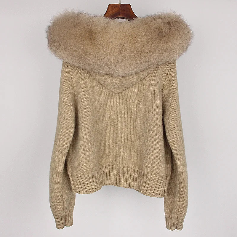 Real Fox Fur Hooded Sweater – Loose Knit Zipper Cardigan