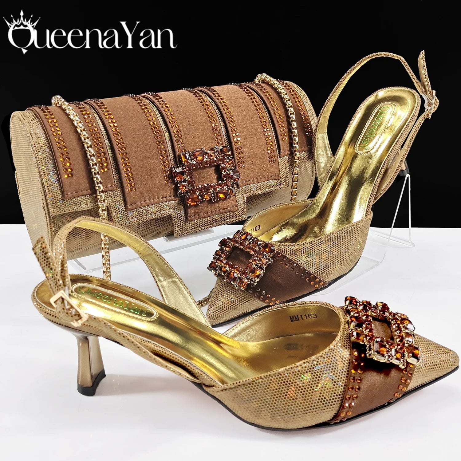 Marrakchi Block Heels & Rhinestone Bag Set – Elegant Party Collection