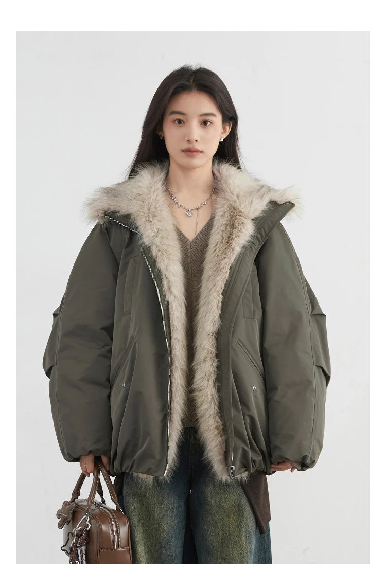 Korean Women’s Down Coat – Loose Hooded Jacket with Faux Fur Collar, 90% White Duck Down, Autumn/Winter 2025
