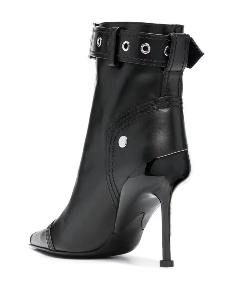 Pointed Ankle Boots – Belt Buckle & Front Zipper,