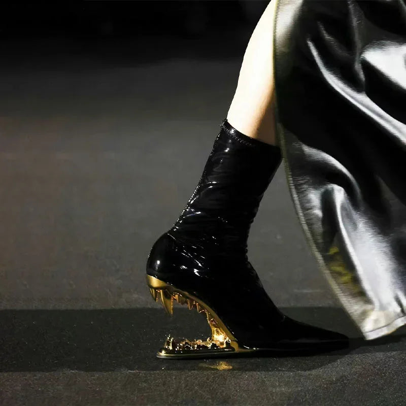 Tiger Teeth Heel Boots – Women’s High Fashion Mid-Calf Stretch Boots