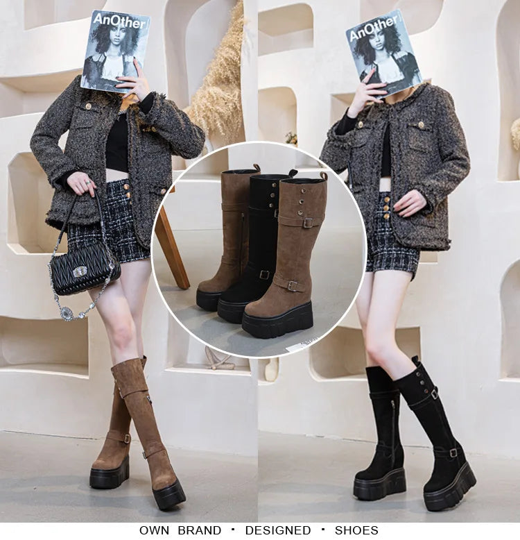 Motorcycle Boots – Microfiber & Synthetic Leather Platform Wedges, Spring/Autumn