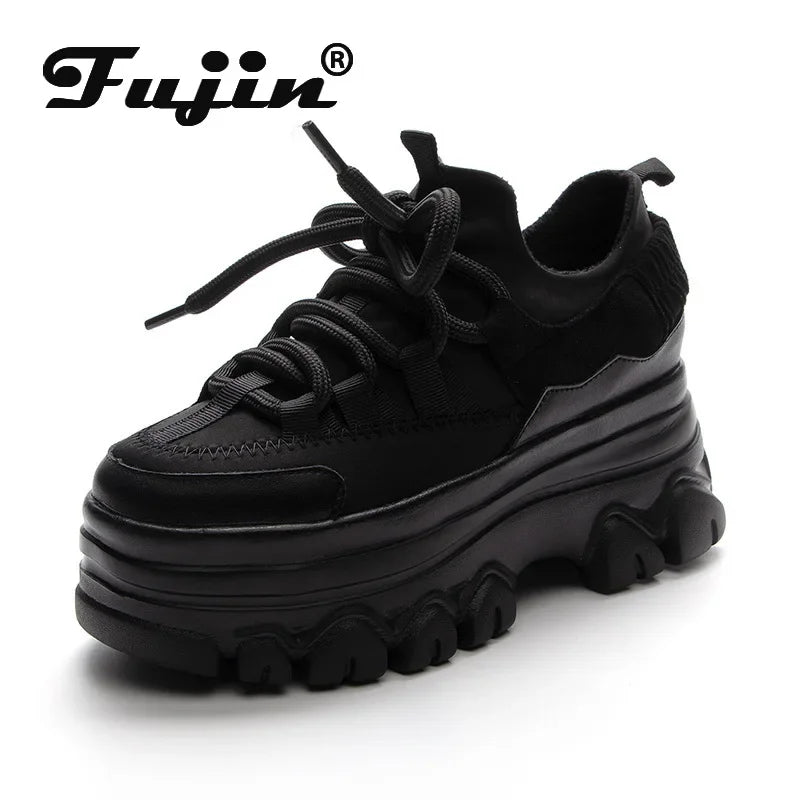 Fujin 9cm Platform Leather Wedge Sneakers – Chunky Breathable Shoes
