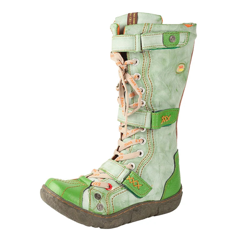 TMA EYES Washed PU Leather Flat Winter Boots – Warm Plush Lining, Mid-Calf