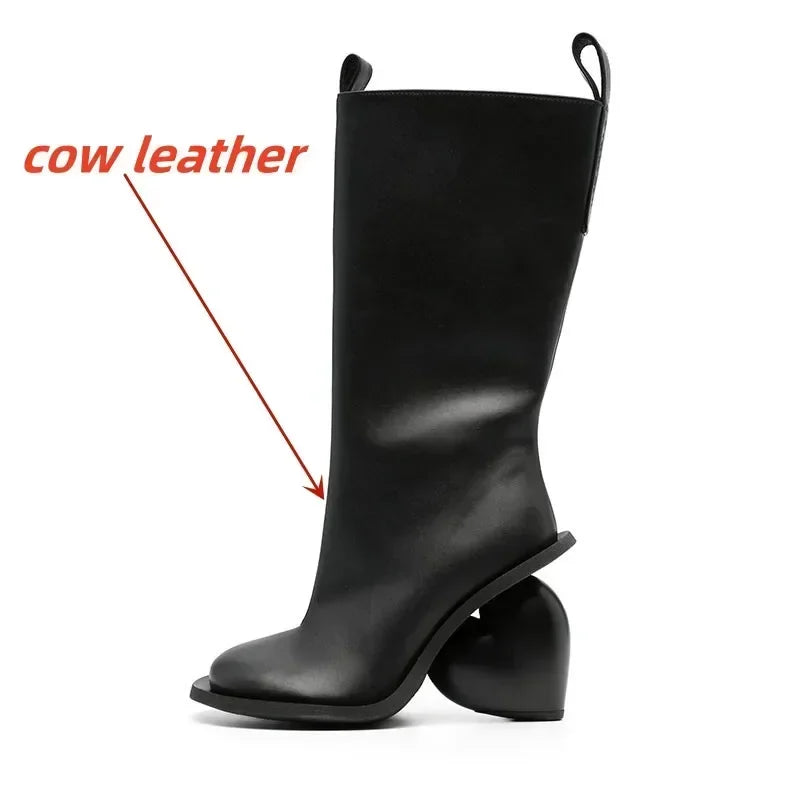 2024 Genuine Leather Mid-Calf Boots for Women – Round Toe High Heels