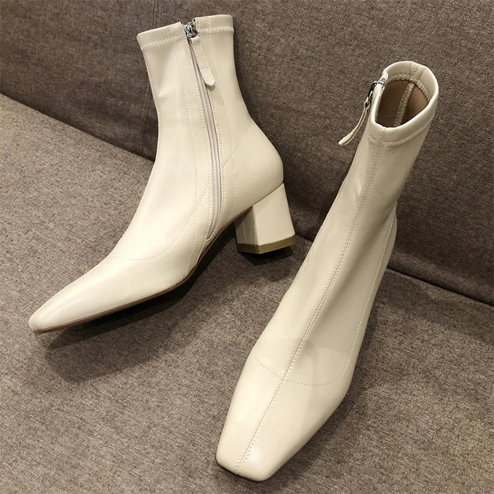 Diane Lockhart Square Toe Elastic Ankle Boots – Chic Thick-Heeled Bare Booties for Women