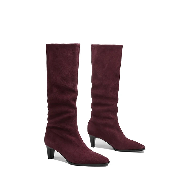 Cow Suede Knee-High Boots – Square Toe Thin High Heels